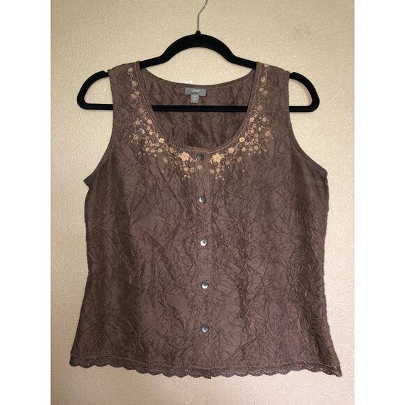 J Jill Scandi Preppy Brown 100% SIlk Sleeveless Top Small - Picture 1 of 8